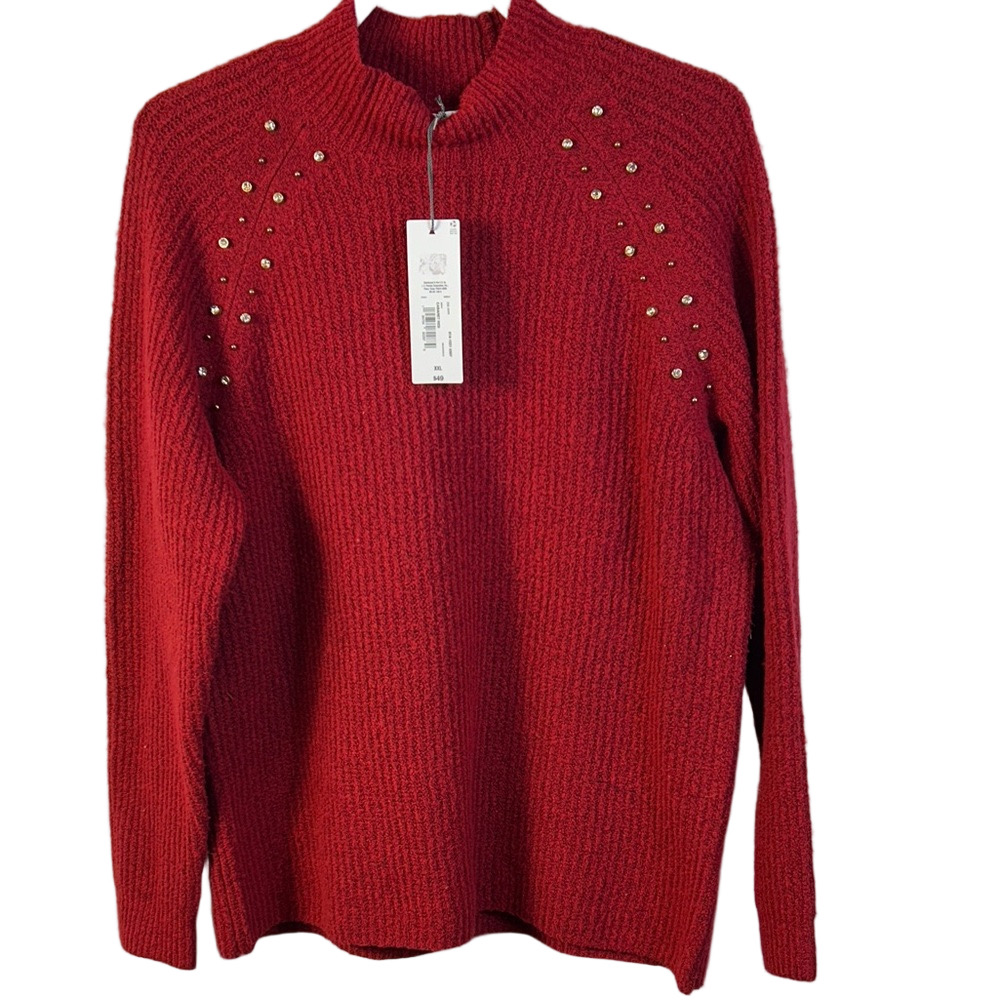 Liz Claiborne Vibrant Red Knit Sweater Size XXL Beaded Crystal Design